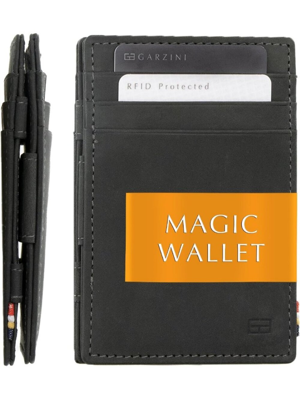 Slim RFID Blocking Leather Wallet - Magic Design, Carbon Black, Compact